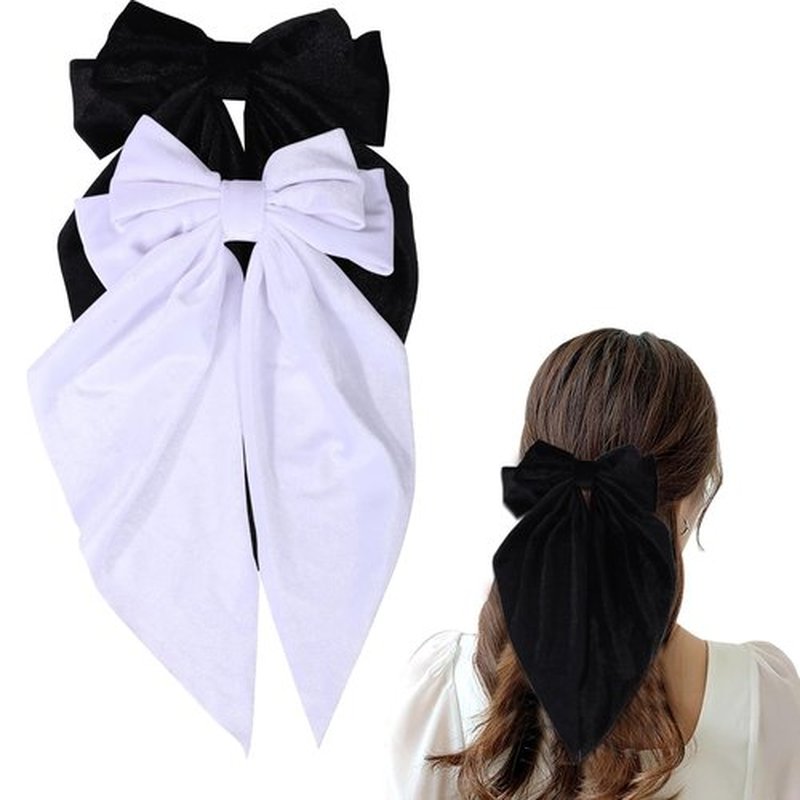 Oversized Velvet Hair Bows for Women Girls,Long Tail Handmade Bowknot Barrettes Velvet Bows Hair Accessories (White & Black)