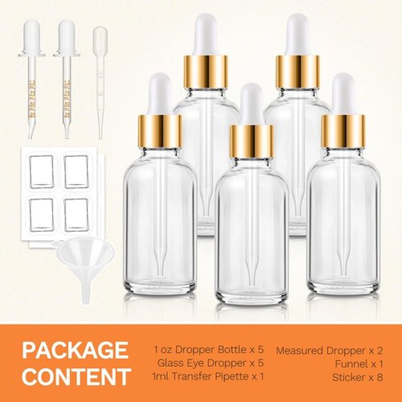 Bumobum 5 Pcs, 1 oz Dropper Bottle Clear Eye Dropper Bottles with 2 Droppers, 1 Funnel, 1 Pipette & 8 Labels, 30 ml Tincture Bottles with Dropper for Essential Oils Serums Hair Oils Body Cuticle Oils