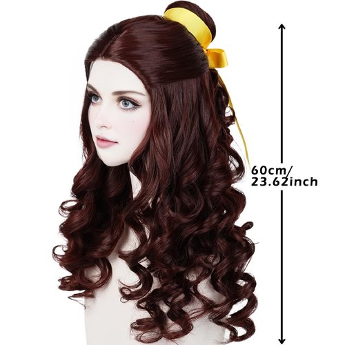 Prestyled Brown Belle Wig for Women + Yellow Ribbon + Detachable Bun, 60cm Long Brown Wavy Hair Wig with Wig Cap for Halloween Costume Cosplay