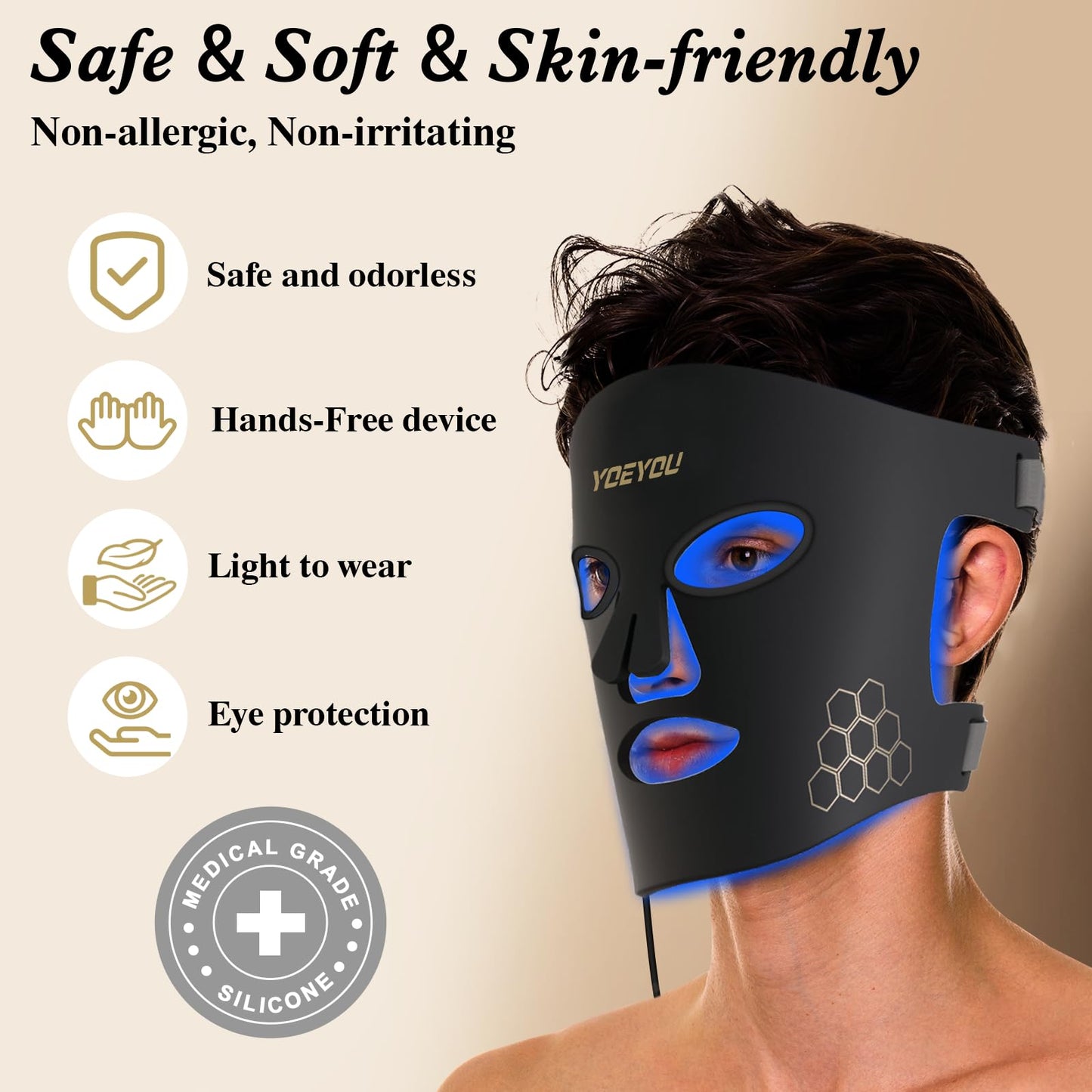 YOEYOU Red Light Therapy for Face, 850nm Near Infrared LED Face Mask, 4 Light Modes, Portable Rechargeable Red Light Therapy Mask Skincare Device for Facial Rejuvenation