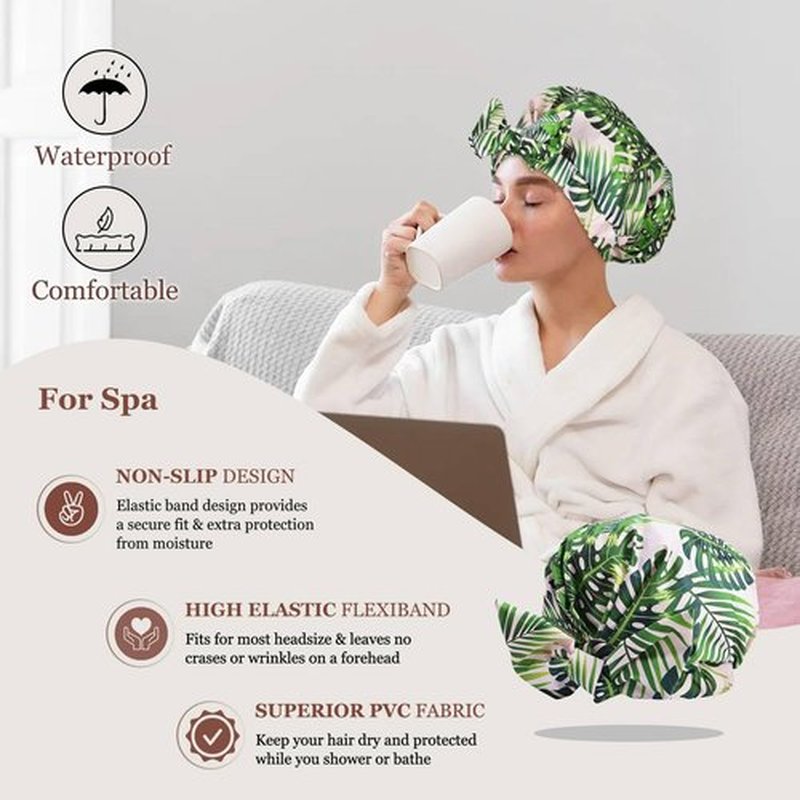 Luvruitaky Shower Cap Luxury Shower Caps for Women Reusable Waterproof Hair Cap for Shower with Adjustable Bowknot Hair Bath Cap (Green Palm)