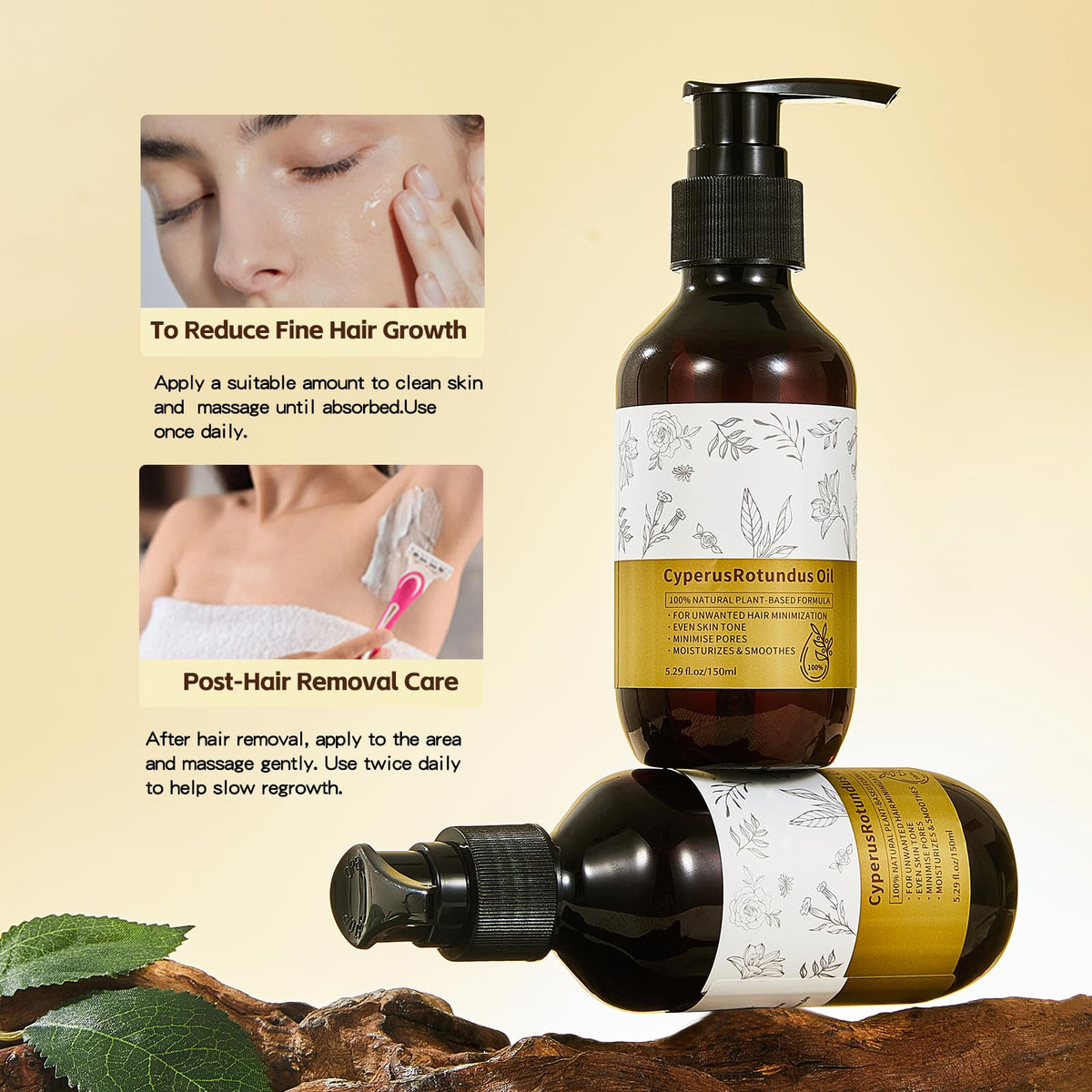 NIZENTA Round-Leaf Cyperus Rotundus Essential Oil, Reduces Body Hair Growth, Minimizes Pores, Moisturizes and Soothes the Skin, Suitable for all Skin Types 150ml