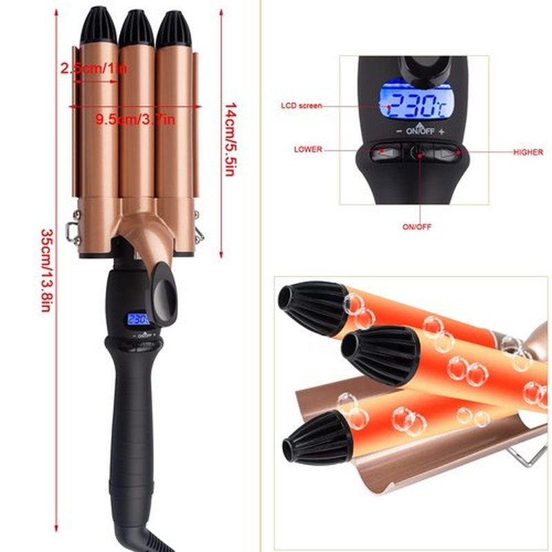 3 Barrel Wave Crimping Iron with LCD Display, 1 inch Ceramic Triple Barrel Beach Waver, Dual Voltage