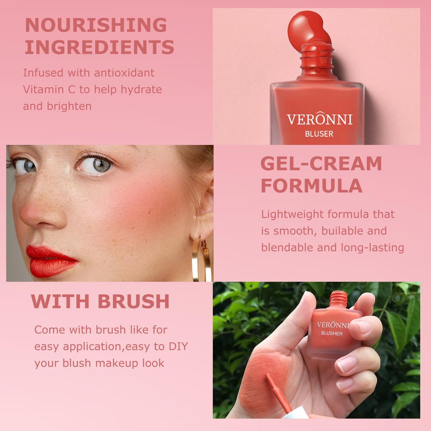 VERONNI Liquid Blush-Fruit Juice Liquid Blusher for Cheeks,Vegan Face Cream Blush Glow Makeup,Waterproof Long Lasting Blushes,Cruelty-Free for a Shimmery Finish (#402)