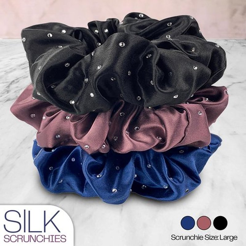 Celestial Silk Mulberry Silk Scrunchies for Hair (Plum, Navy, Black with Rhinestones)