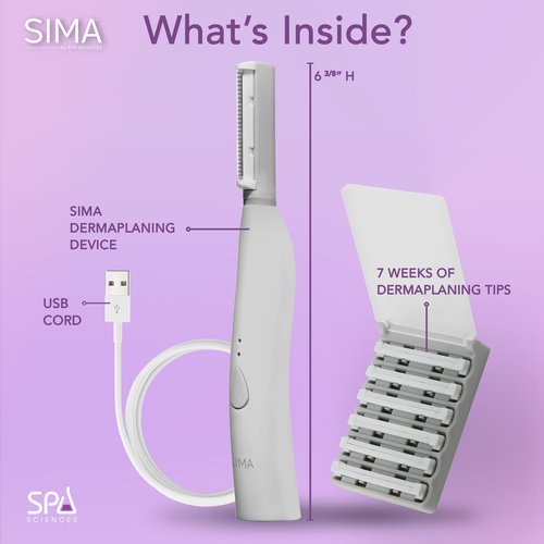 SPA SCIENCES - SIMA Dermaplaning Tool - Patented Painless 2 in 1 Facial Exfoliation & Peach Fuzz-Hair Removal System w/ 7 Weeks Treatment Included - Anti-Aging – 3 Speeds - Rechargeable
