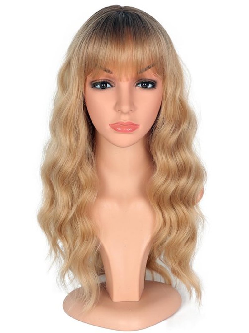 SYMEIW Medium Long Blonde Wavy Wigs For Women Synthetic Full Hair Blonde Wigs With Bangs For Daily Use (Blonde)