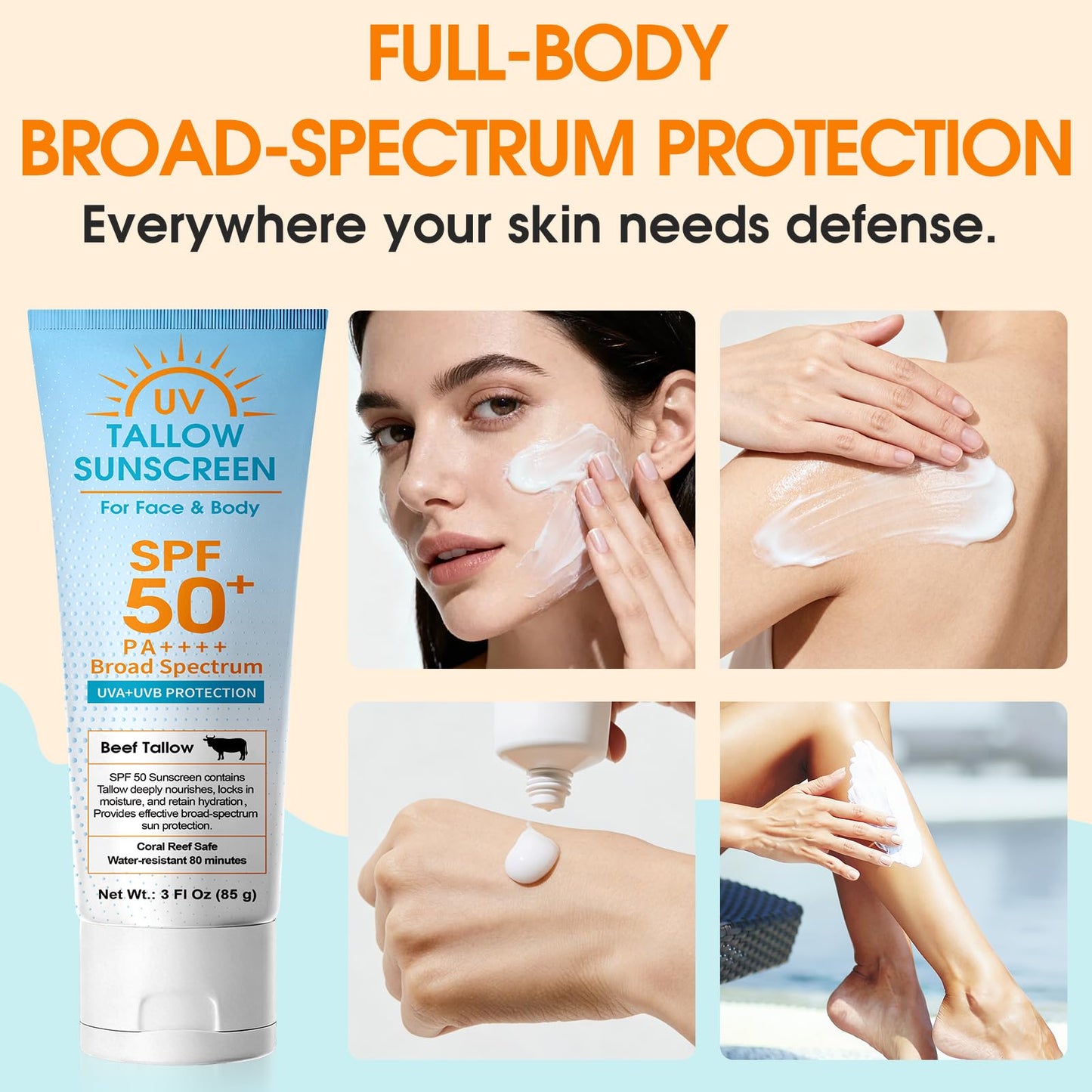 Beef Tallow Sunscreen SPF 50: Mineral Non-Nano Zinc Oxide Sunblock, Non-Greasy & Instant Protection for Face, Reef-Safe for Beach, Running & Sports, 3 Fl Oz (85g)