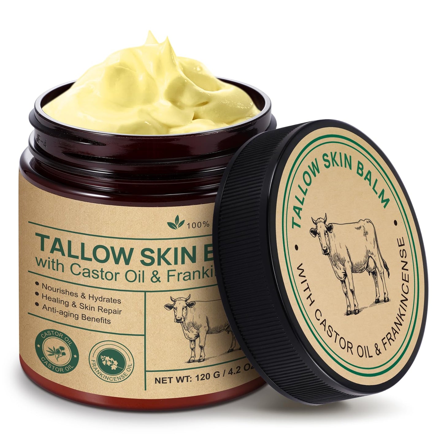 NVXNMSD Beef Tallow, Castor Oil, and Frankincense Oil Skin Balm - 100% Grass-Fed Tallow for Skin Care - Face & Body Moisturizer for Sensitive Skin, Deeply Moisturizing & Nourishing - 4.2 oz
