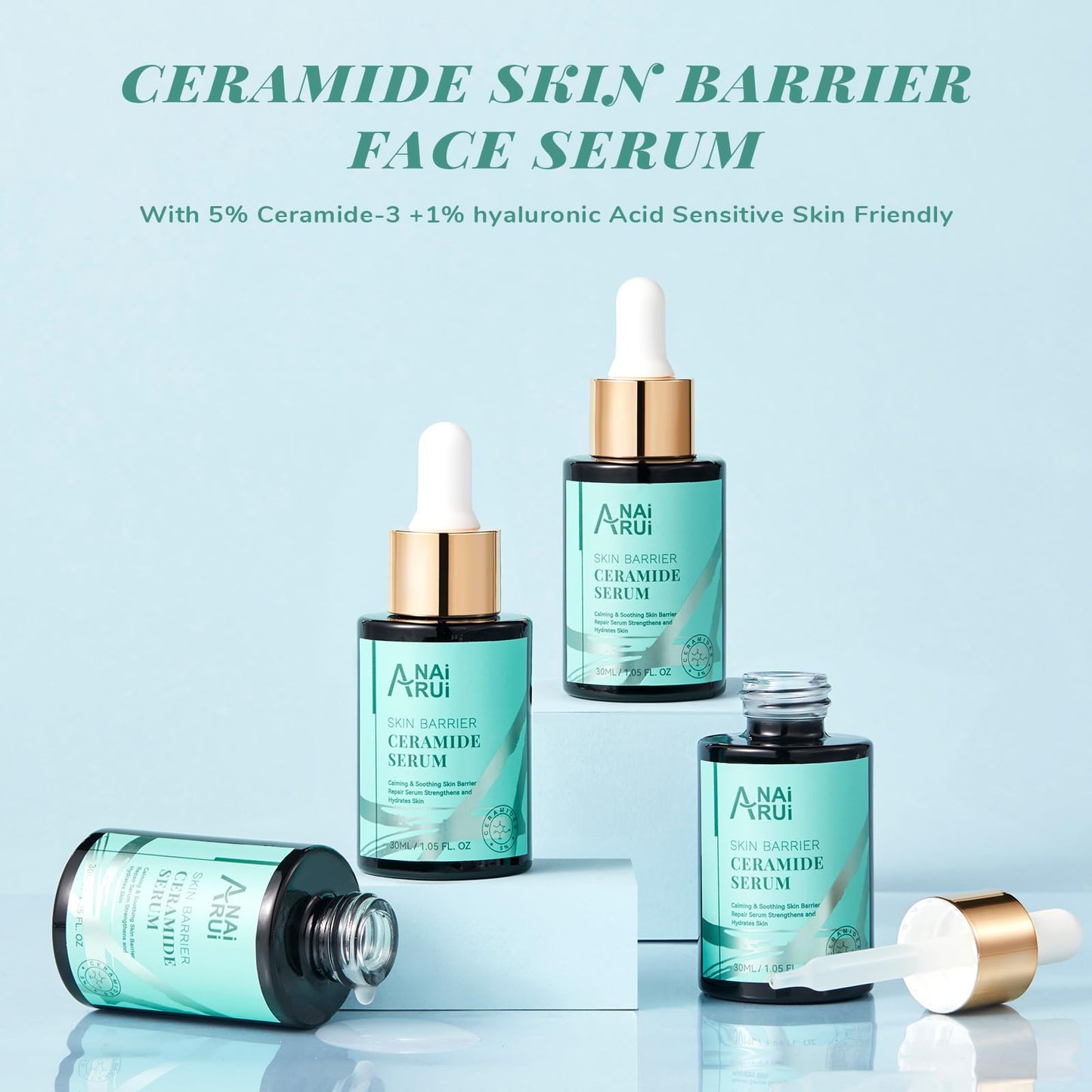 ANAI RUI 5% Ceramide Serum for Sensitive Skin | Skin Barrier Repair & Deep Hydration | Hyaluronic Acid + Rice Protein | Calms Redness & Dryness | All Skin Types | 1.05 Fl.oz