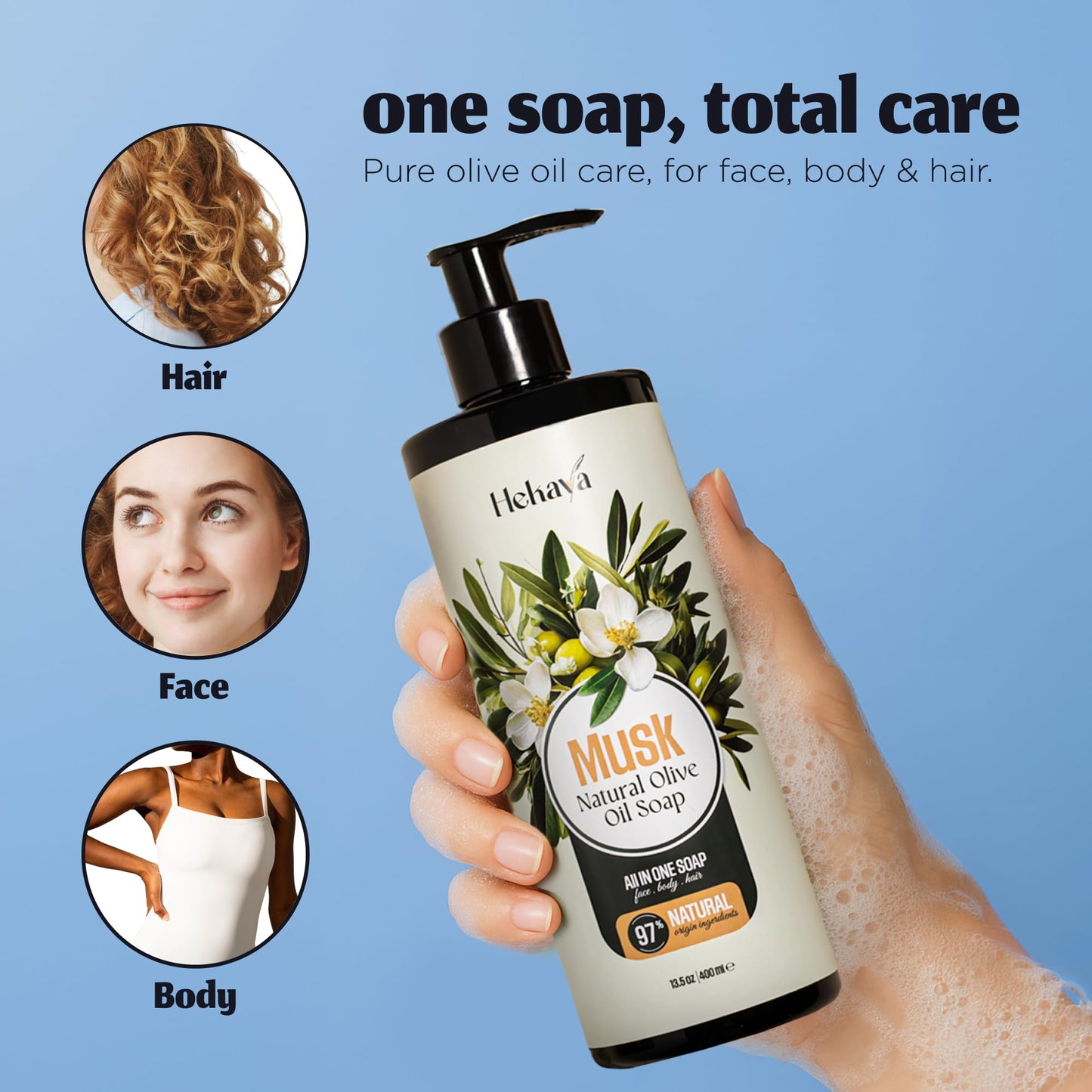 Hekaya Natural Olive Oil Liquid Soap – Musk Scent | Handmade, Vegan, Sulfate & Paraben Free | Gentle Face, Hand & Body Wash | Moisturizing Castile Cleanser | 13.5 fl oz Pump Bottle.