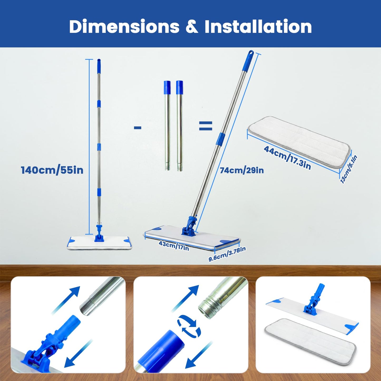 18 in Microfiber Flat Mop Cleaning System, Floor Mops with Stainless Steel Handle, Tangle-Free Mop Head, 4 Reusable Washable Dust Pads, Wet Mopping for Hardwood Tile Laminate