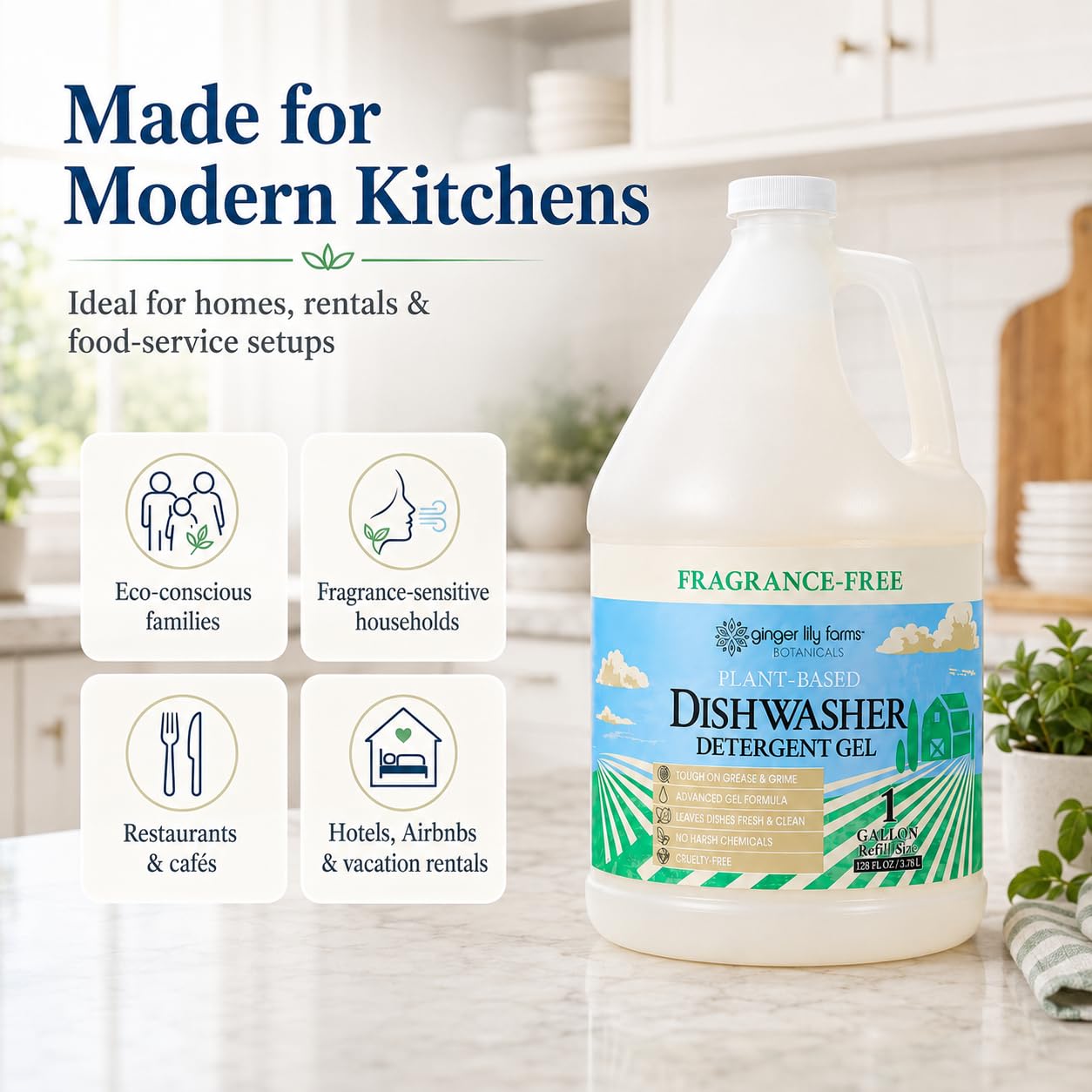 Ginger Lily Farms Plant-Based Dishwasher Detergent Gel, Fragrance-Free, 1 Gallon (128 Fl Oz) Refill, Eco-Friendly, 100% Vegan & Cruelty-Free
