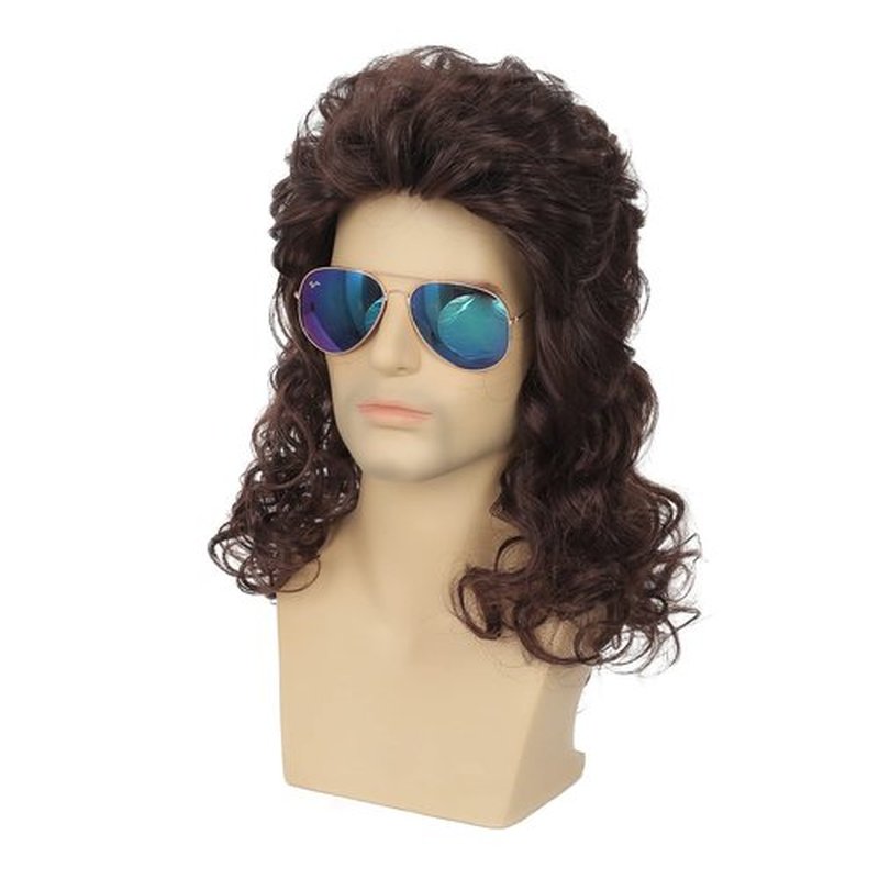 Dai Cloud Mens Mullet Wig Brown Long Curly 80s Wig Halloween Costumes Party Hair Wig for Male Guys(Dark Brown)