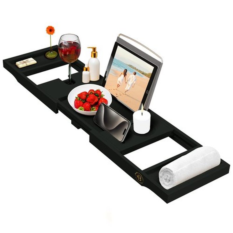 Bambüsi Bathtub Tray Table - Adjustable Bamboo Bathtub Caddy - Space-Saving Folding Bath Tub Tray - Wood Bathtub Accessories - Unique for Women or Men (Black)