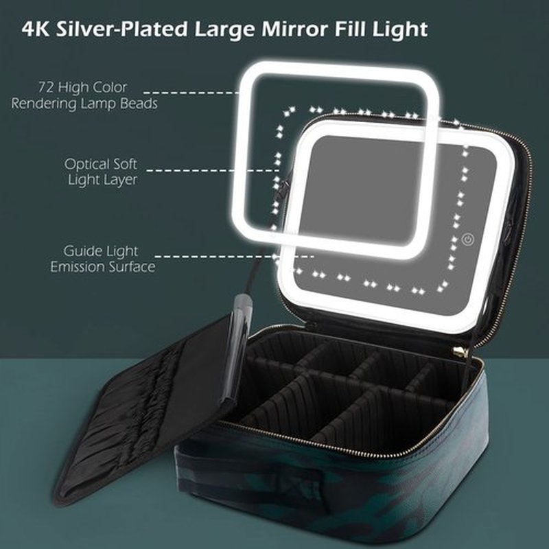 MOMIRA Travel Makeup Bag With LED Mirror,Train Case with Light up Mirror, Portable Makeup Artist Organizer Bag with Adjustable Dividers, Makeup Brush Holder Storage（Zebra Green）
