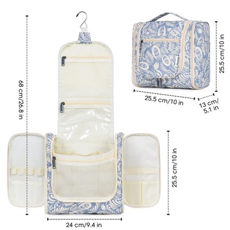 Hanging Toiletry Bag for Women Travel Makeup Bag Organizer Toiletries Bag Men for Cosmetics Essentials Accessories(Large, Blue Leaf)