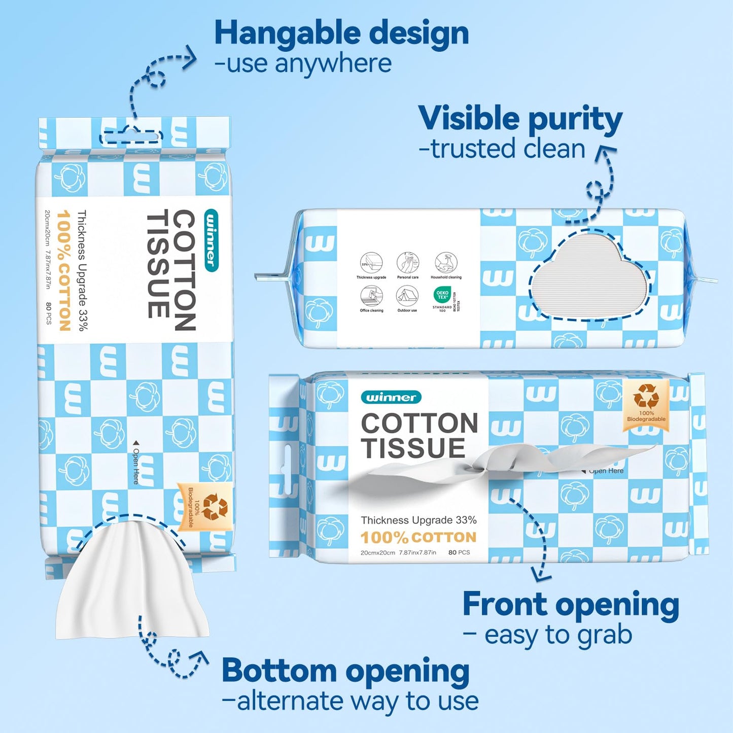 Winner Disposable Face Towels, 100% Natural Cotton, OEKO-TEX® Certified, Cleansing Towels, Lint-Free, Hand Wipes, Makeup Removers, For Dry and Sensitive Skin, Facial Towels, 20x20cm, Pack of 100
