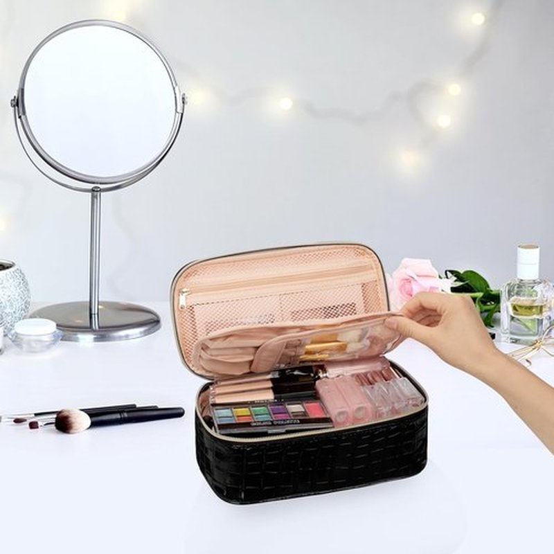 OCHEAL Small Cosmetic Bag,Portable Cute Travel Makeup Bag for Women and girls Makeup Brush Organizer cosmetics Pouch Bags-Black Leather
