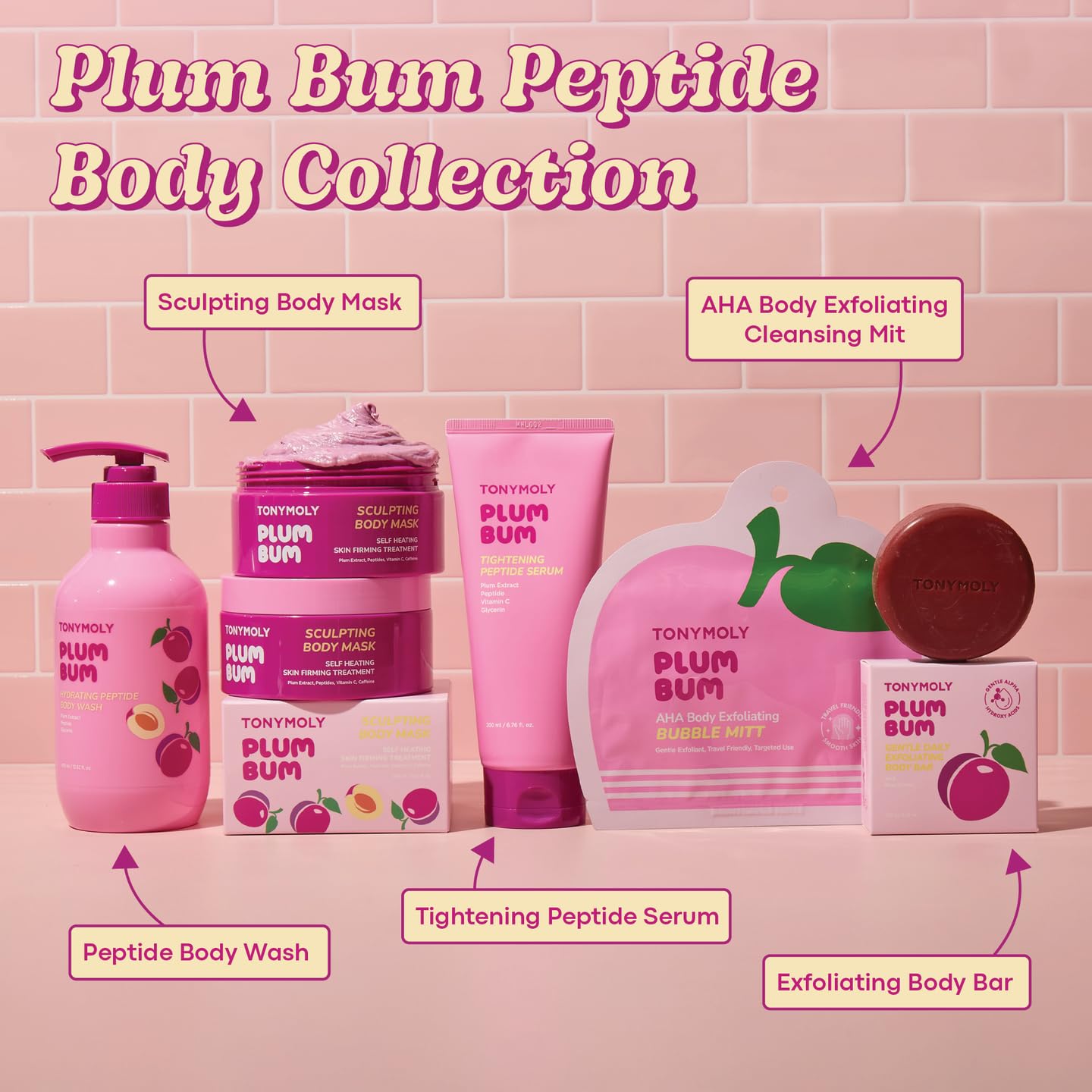 TONYMOLY Plum Bum Body Care Set - 13.5 fl oz Peptide Hydrating Body Wash & AHA Exfoliating Body Bar with Plum Extract for Soft, Smooth Skin