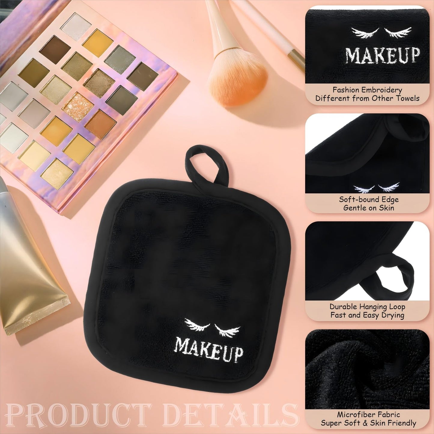 Queekay 48 Pcs Makeup Remover Cloths Reusable Washable Remover Pads Soft Microfiber Face Towels Facial Cleansing Cloths for Face Hand Eye Lips Bathroom Gift for Women 5 x 5 Inch(Black)