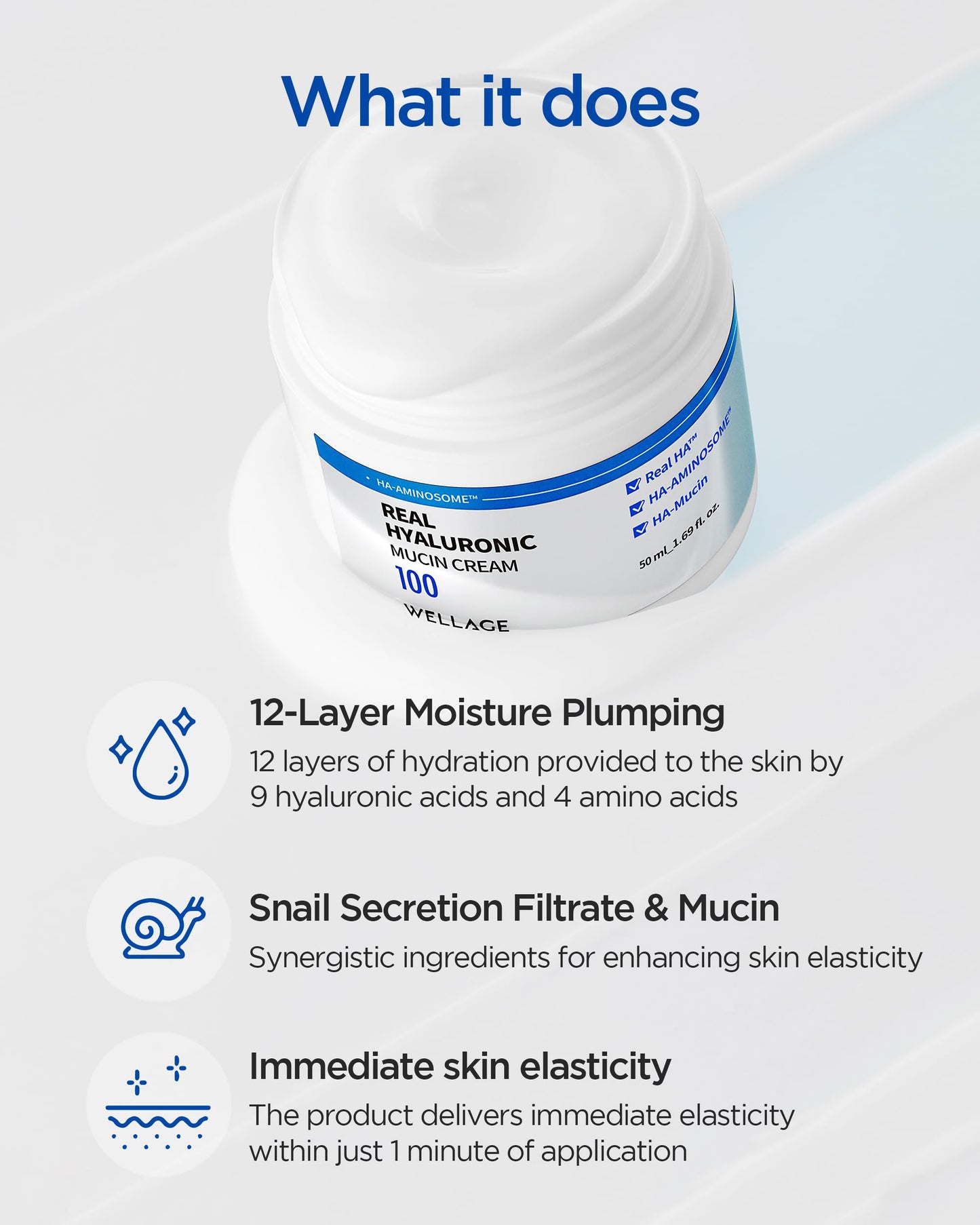 WELLAGE Real Hyaluronic Mucin Cream - Korean Skincare Daily Face Gel Moisturizer with Pure Hyaluronic Acid and Snail Mucin for Ultimate Hydration and Elasticity, All Skin Types, 1.69oz