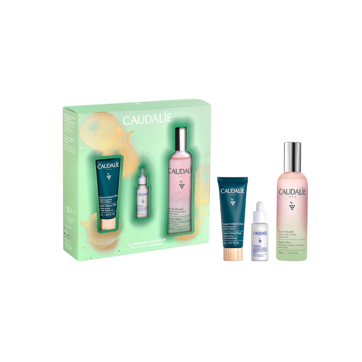 Caudalie Prep & Glow Best-Sellers Skin Care Set - Full-Size Beauty Elixir + FREE Instant Detox Mask 15ml + FREE Vinoperfect Radiance Serum 10ml