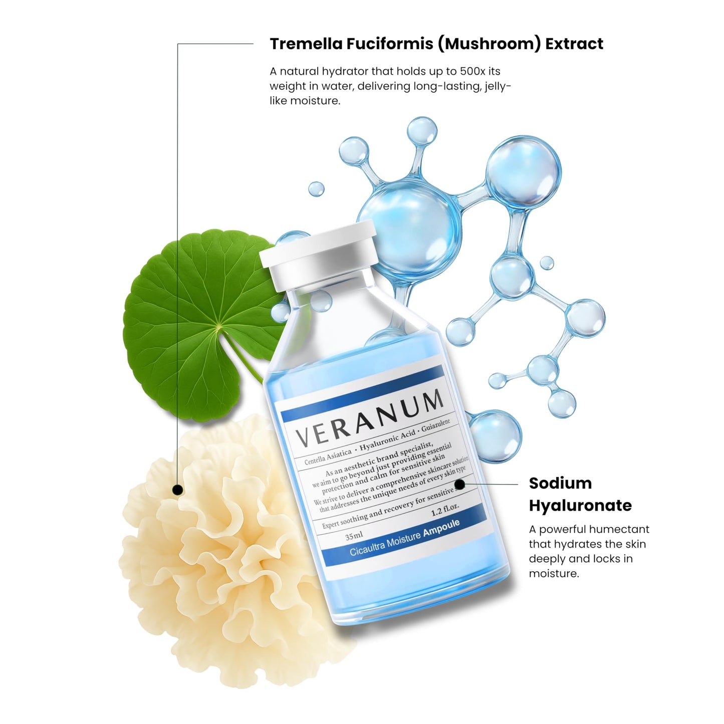Veranum Cicaultra Moisture Ampoule – Korean Peptide & Hyaluronic Acid Face Serum for Sensitive Skin – Deep Hydration, Barrier Repair & Glass Glow Firmness – 1.2 fl oz (35 mL)