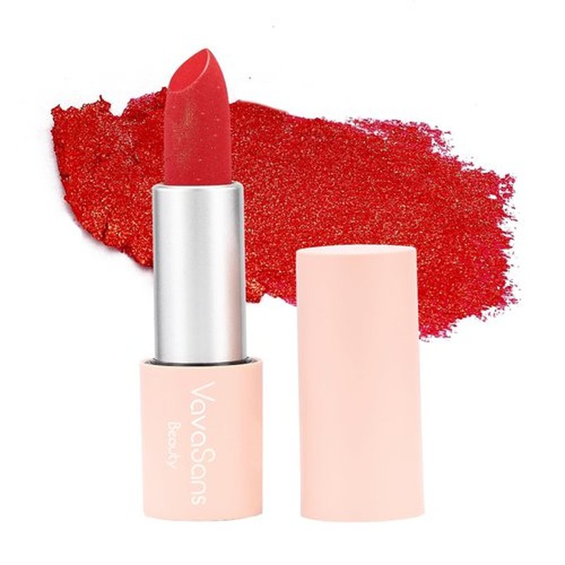 VavaSans Vegan Glitter Lipstick Cherry Plum Shimmer Metallic Sparkling Classic Red Shade Long Lasting Waterproof Non-Sticky Formula Diamond Shiny Highly Pigmented Lip Stick for Women