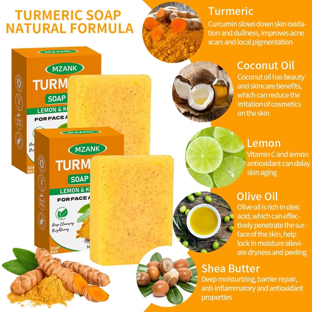 MZANK 2 Pack Kojic Acid Soap,Dark Spot Remover Turmeric Soap Bars Moisturizing with Collagen,Vitamin,Hyaluronic Acid,Retinol,Shea Butter,Tumeric Soaps for Face Body All Skin Types