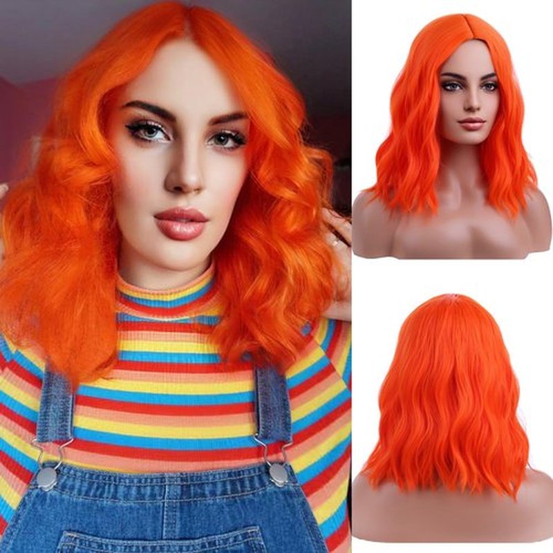RightOn Orange Wig for Women Short Curly Wig Orange Bob Wig Beach Wave Wigs Orange Wig with Wig Cap