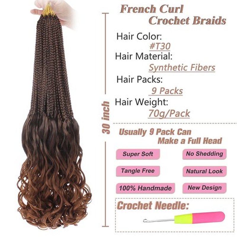RuiYok 9 Packs French Curl Crochet Braids 30 Inch Ombre Brown Goddess Box Braids Crochet Hair with Curly Ends Synthetic Pre Looped Crochet Box Braids for Women