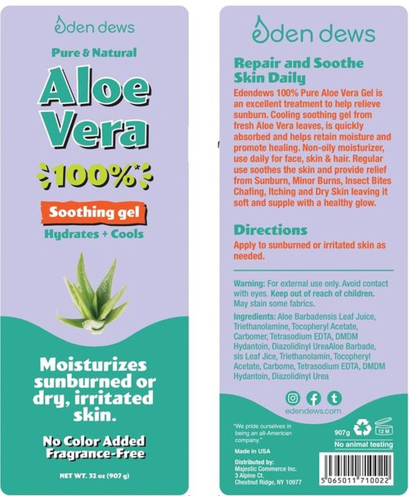 Eden Dews Organic Aloe Vera Gel 100% Pure & Natural Gel, Moisturizing, Face Skin & Hair Care, Sun Burn Relief, Hydrating & Soothing for Dry Skin, Acne, Razor Bumps, Made in USA, Unscented, 32 oz