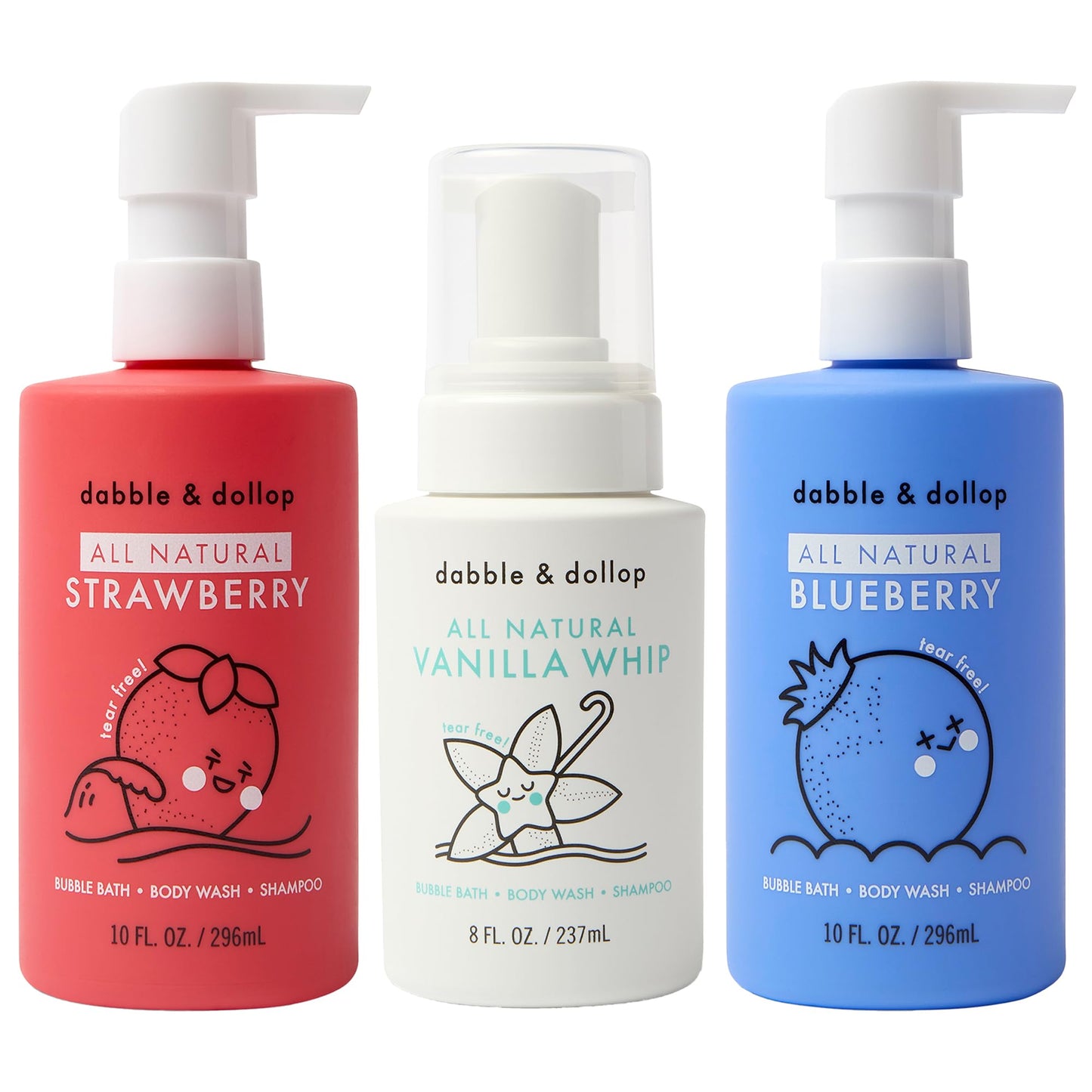 Dabble & Dollop USA Kids 3-in-1 Body Wash, Shampoo & Bubble Bath Variety Set – Strawberry, Blueberry & Vanilla, Tear-Free, Gentle, Hypoallergenic and Safe for Sensitive Skin (Pack of 3)