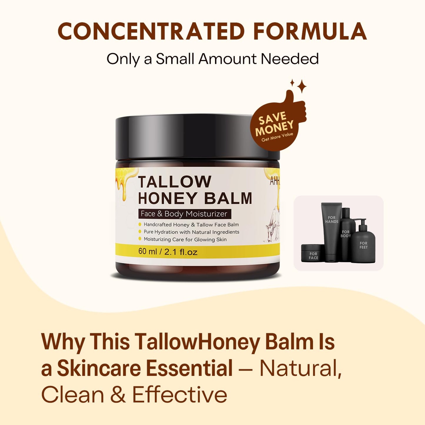 Beef Tallow for Skin – 100% Organic Grass Fed Natural Tallow & Honey Face Balm, Whipped Beef Tallow for Sensitive Skin and Face + Body Care, Moisturizing Natural Formula