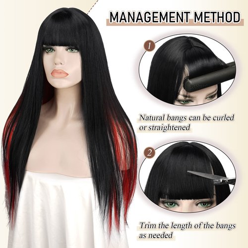 SOFEIYAN Long Straight Wig with Bangs Black&Red Synthetic Hair Replacement Wigs Heat Resistant Full Wig for Women Girls 26 inches