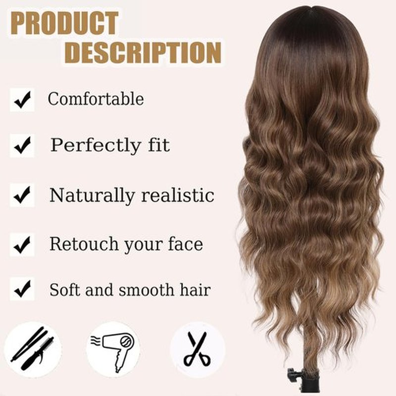 Brown Wig with Bangs 26 Inches Long Wavy Curly Wig for Women Brown Mixed Blonde Highlight Wig with Dark Roots Ombre Natural Curly Resistant Fiber Wigs Synthetic Wigs for White Women Wigs with Bangs
