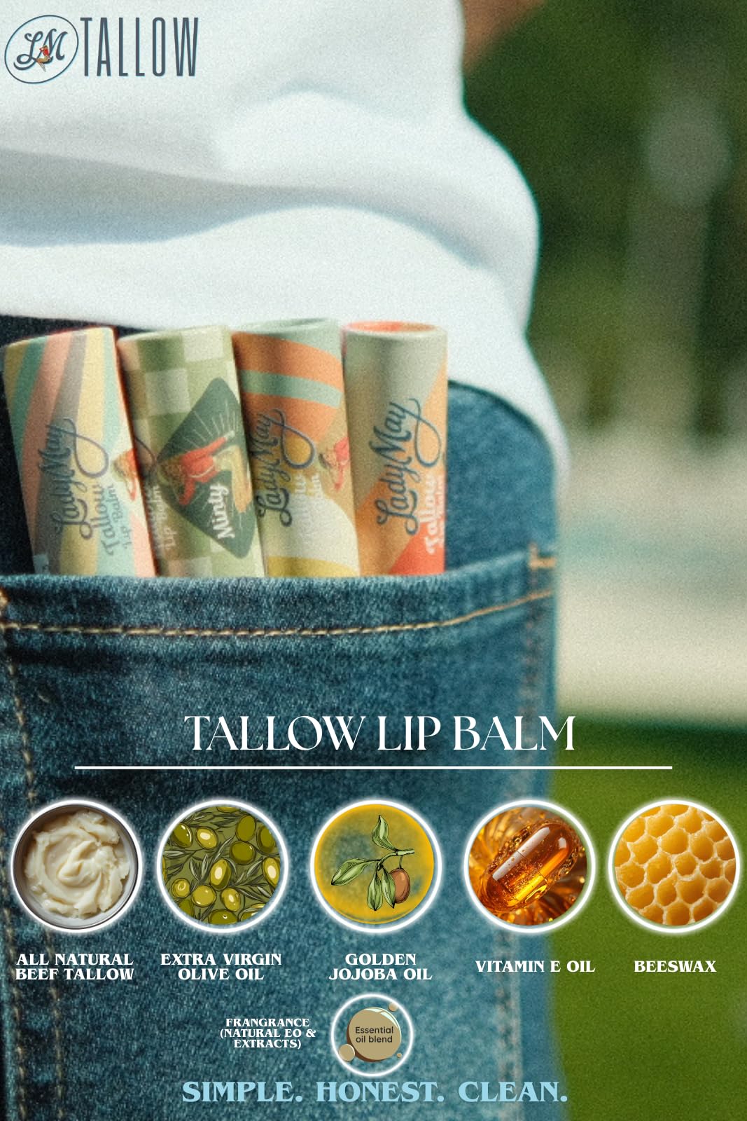 Lady May Tallow Beef Tallow Lip Balm - All Natural Beef Tallow Balm Made with Beeswax, Jojoba Oil & Vitamin E for Lip Repair and Hydration - Nothing Artificial, USA Made (Vanilla Bean)