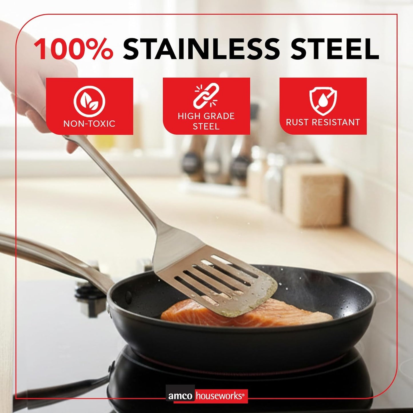 Amco 5-Piece Stainless Steel Cooking Utensil Set | Durable & Easy to Clean Kitchen Tools