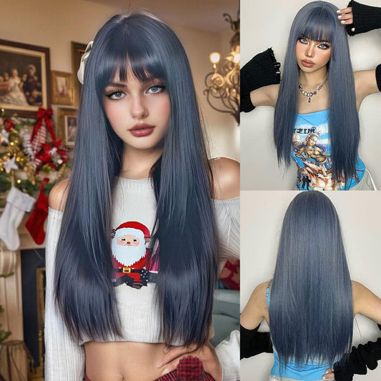 EMMOR Grey Blue Wig With Bangs For Women Long Straight Wigs Synthetic For Girls Halloween Party Cosplay And Daily Use(26" Mixed Blue)