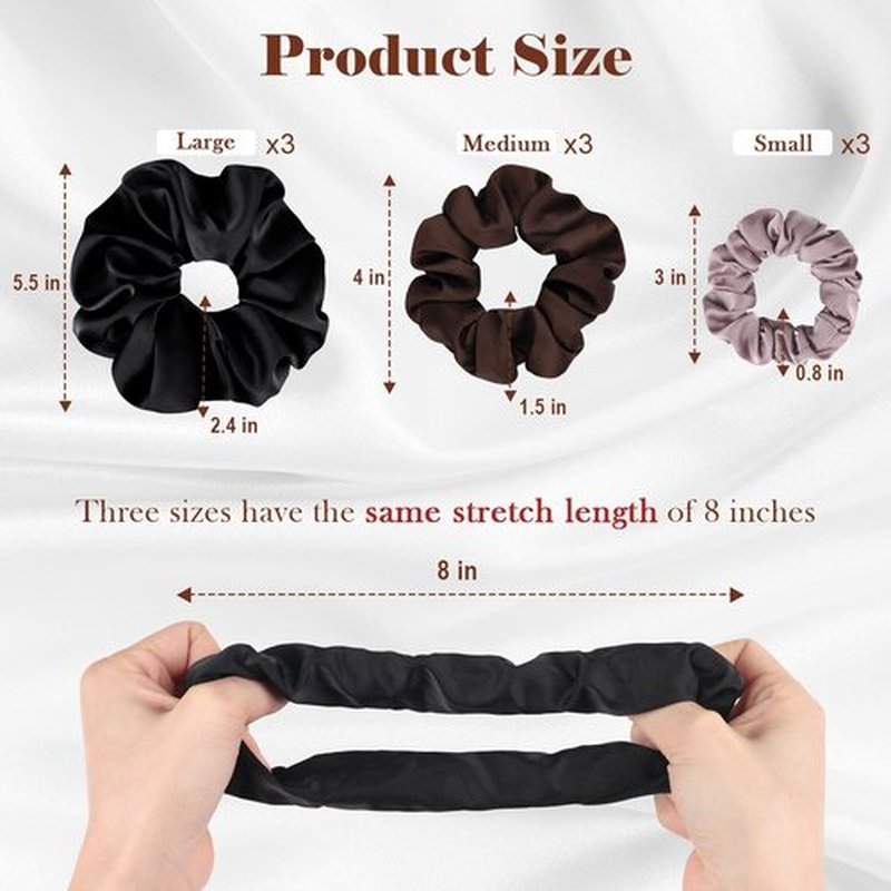 Gwabee 9 Pack Satin Hair Scrunchies for Women, Soft Scrunchie Hair Ties No Damage - Ideal Ponytail Holders for Curly Thick Hair, 3 Sizes Scrunchies Accessories Set for Women Girls-Black, Brown, Purple