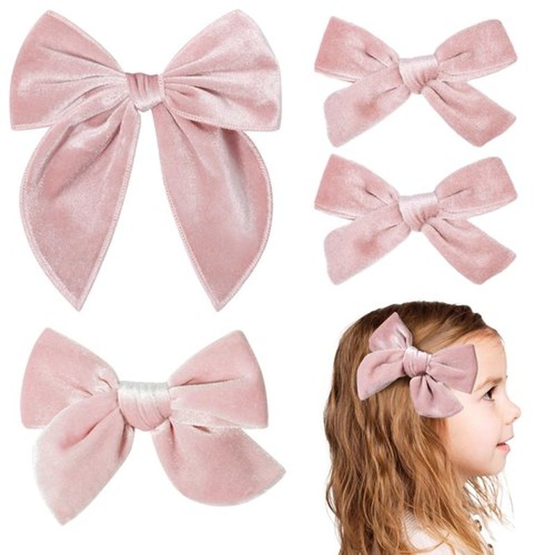 DEEKA 4 PCS Pink Velvet Hair Bows 3 Styles 5" & 4" Handmade Hair Bow set for Toddler Girls Alligator Hair Clips Knot Bows Hair Accessories for Little School Girls (Pink)