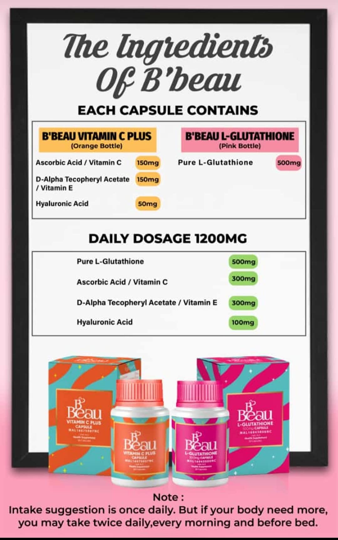 B'Beau L Glutathione 500mg And B'Beau Vitamin C Capsule. Two Packs for ANTI AGING, ANTIOXIDANT. HYPERPIGMENTATION TREATMENT