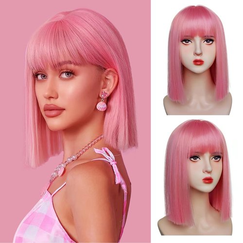 Pink Bob Wig with Bangs Short Pink Straight Wig for Women Heat Resistant Synthetic Natural Hair Wig Colorful Bob Wigs for Grils Daily Party Halloween Cosplay Use 13inch