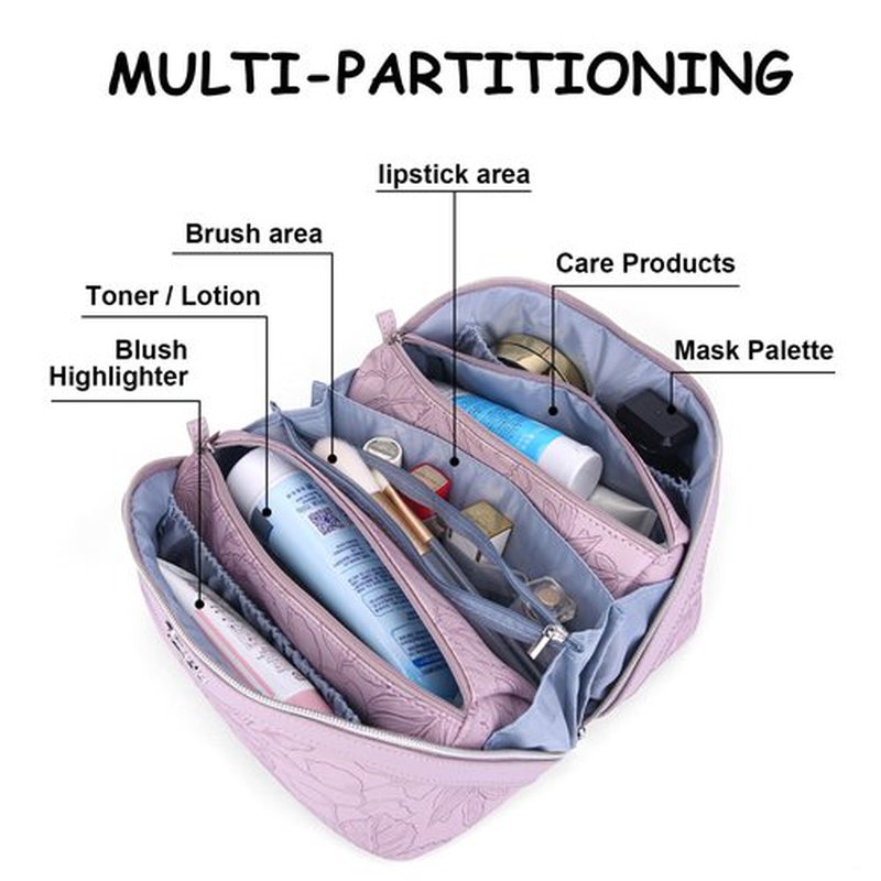 Travel Makeup Bags Cosmetic Organizer Bag: 3-Set Large Capacity Make up Bag - PU Leather Toiletry Bag for Women - Wide Open Portable Pouch with Divider & Handle (01-Z-Light Purple)