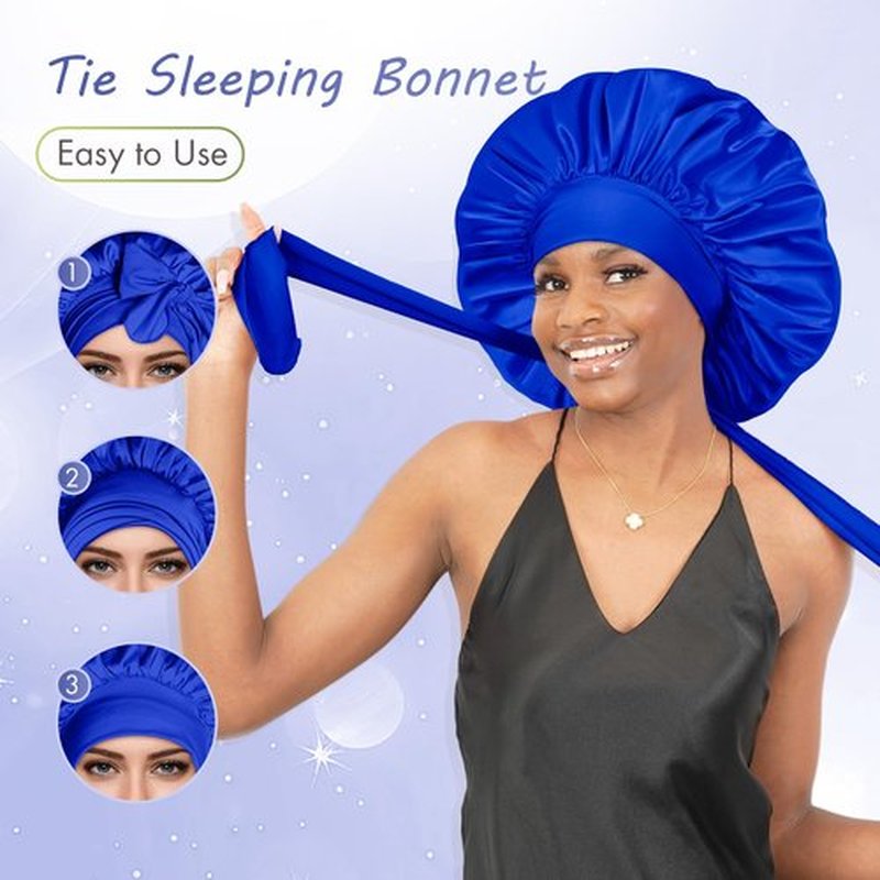 BONNET QUEEN Silk Satin Bonnet for Sleeping Women Adjustable for Curly Dryer Braid Wig Hair Tie Band Night Hat Cap Loc Soft Elastic Blue