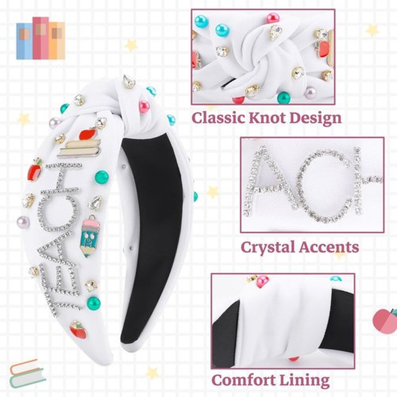 Teacher Headband for Women, Pearl Crystal Knotted Headband, Pencil Book Embellished Jeweled Top Knot Headband Teacher Hair Accessories for Back to School Teacher’s Day Appreciation Gifts (White)