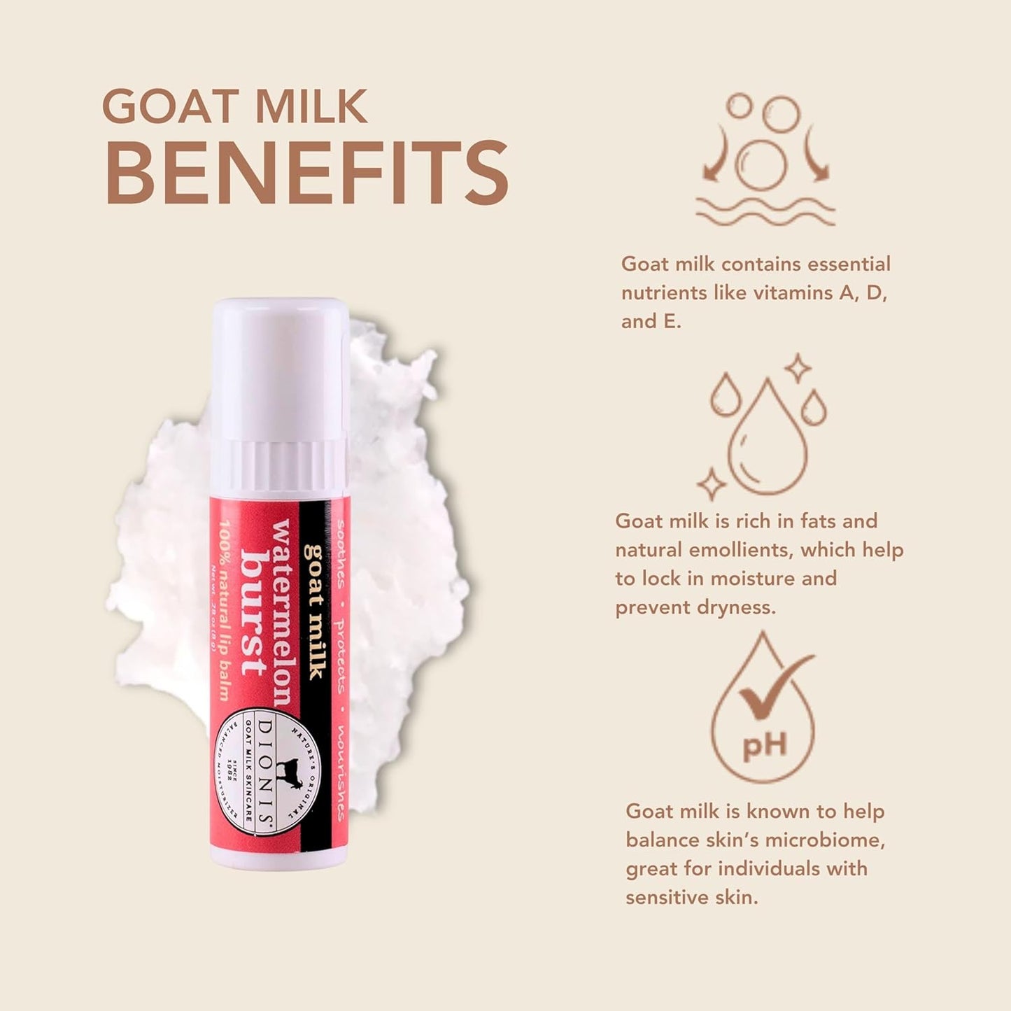 Dionis - Goat Milk Skincare Scented Lip Balm, Set of 6 (0.28 oz), Moisturize Dry and Chapped Lips, Cruelty-free and Paraben-free (Vanilla Bean)