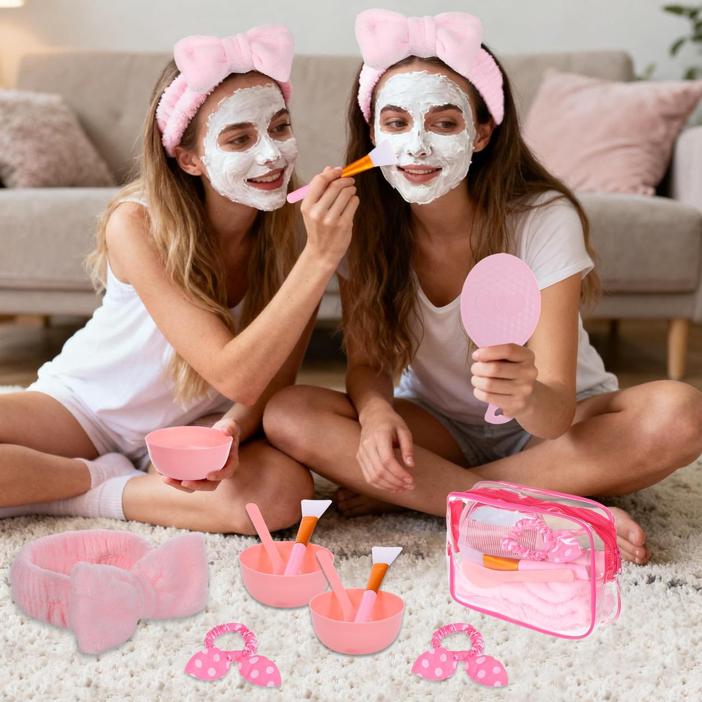 64 PCS Spa Sleepover Party Favor Supplies for Women Bulk, Include Pink Face Mask Mixing Bowl Sets, Handheld Mirrors, Combs, Headbands, Scrunchies, Cosmetic Bags for Slumber Party Supplies