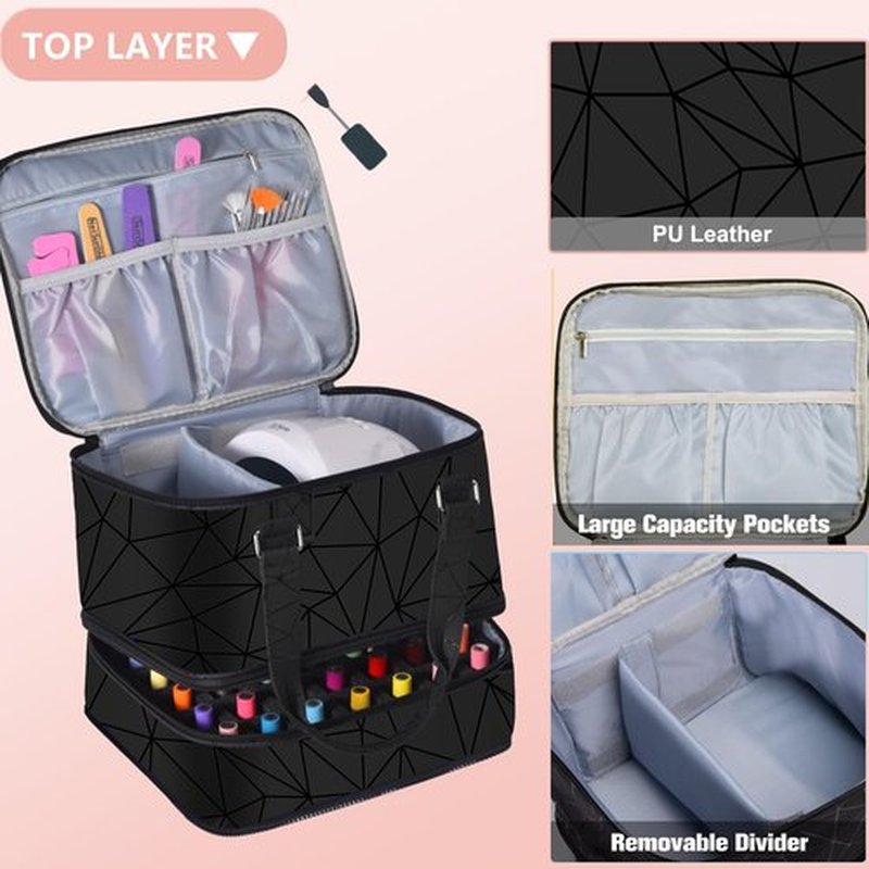 FCQQYWZ Large Nail Polish Organizer Case Hold 84+ Bottles Nail Polish & Nail Lamp, 3 Layers Nail Organizers and Storage for Nail Tech with Divider, Travel Carrying Case for Nail Polish Kit Set(Black)